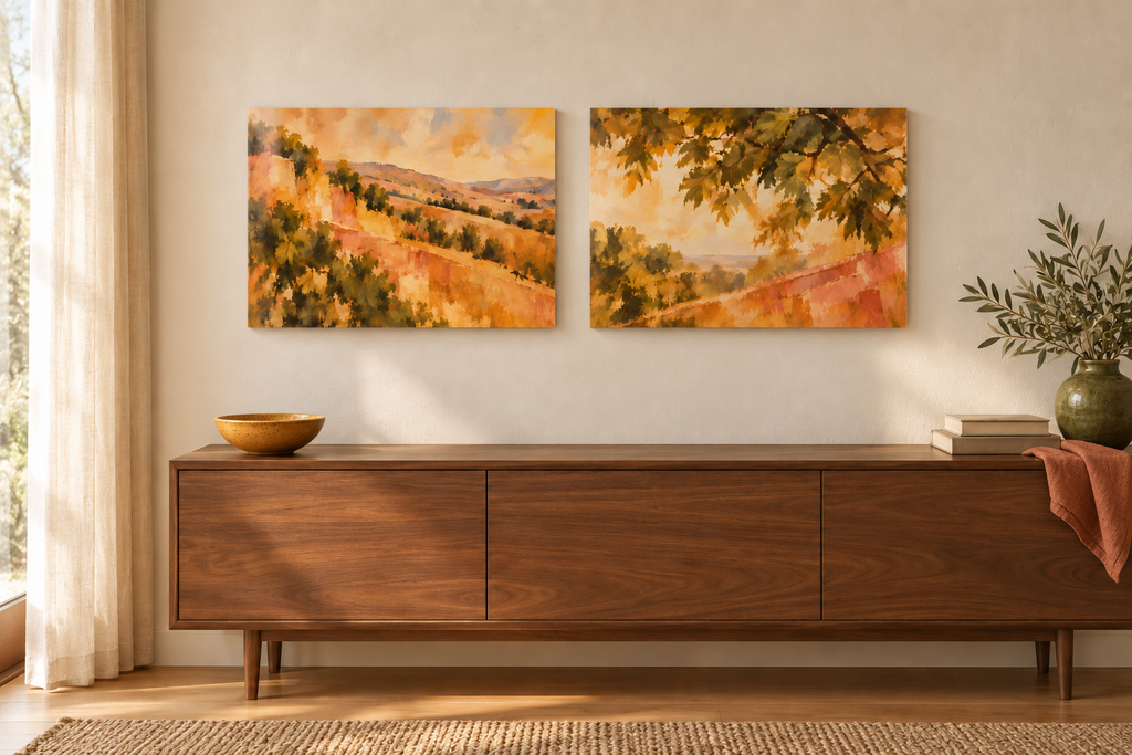 Golden Périgord I at left is the artwork sold on this page; the other panel is sold separately. Two acrylic panels with olive, honey and terracotta decor. Room scale: each 45.7 × 30.5 cm artwork (18 × 12 in). A styled room visualisation; furnishings not included.