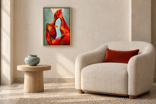 Lacuna Rouge in a Natural float frame with vermilion velvet and smoky blue ceramic. Room scale: 30.5 × 45.7 cm artwork (12 × 18 in). A styled room visualisation; furnishings not included.