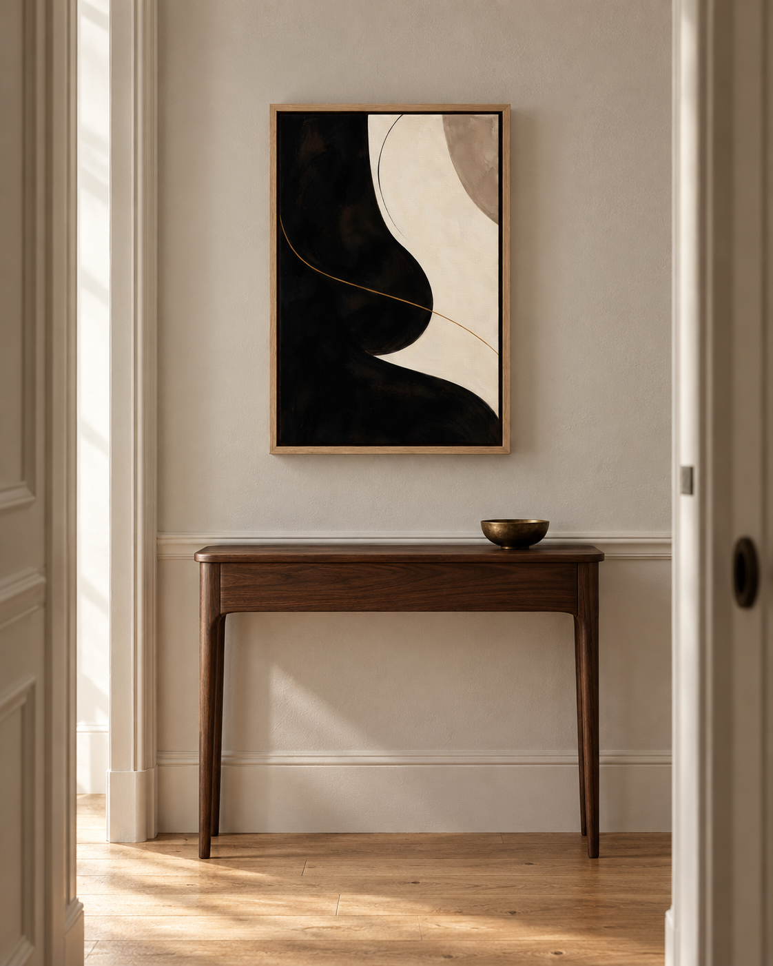 Noir Contour in a Natural float frame above a narrow walnut console at a hallway end. Room scale: 30.5 × 45.7 cm artwork (12 × 18 in). A styled room visualisation; furnishings not included.