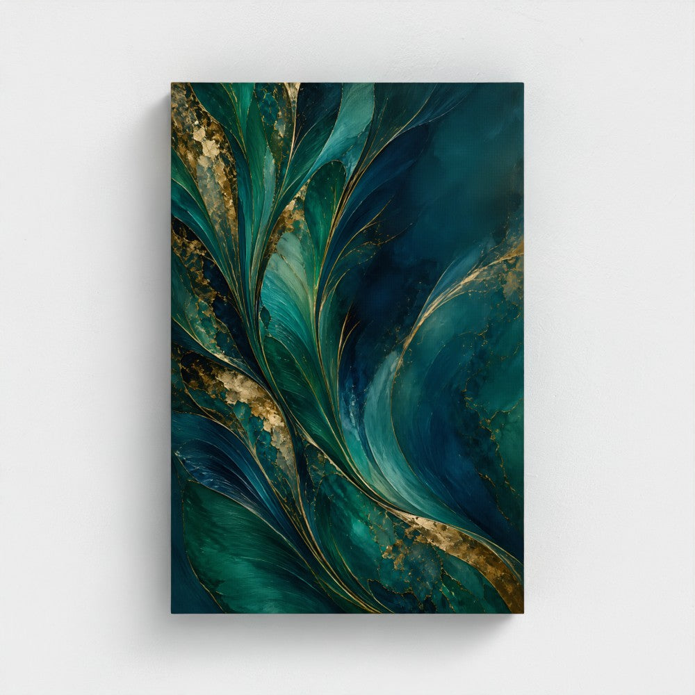 Plumage emerald and gold abstract artwork, 12 × 18 inch stretched canvas with mirror-wrapped edges; product preview.