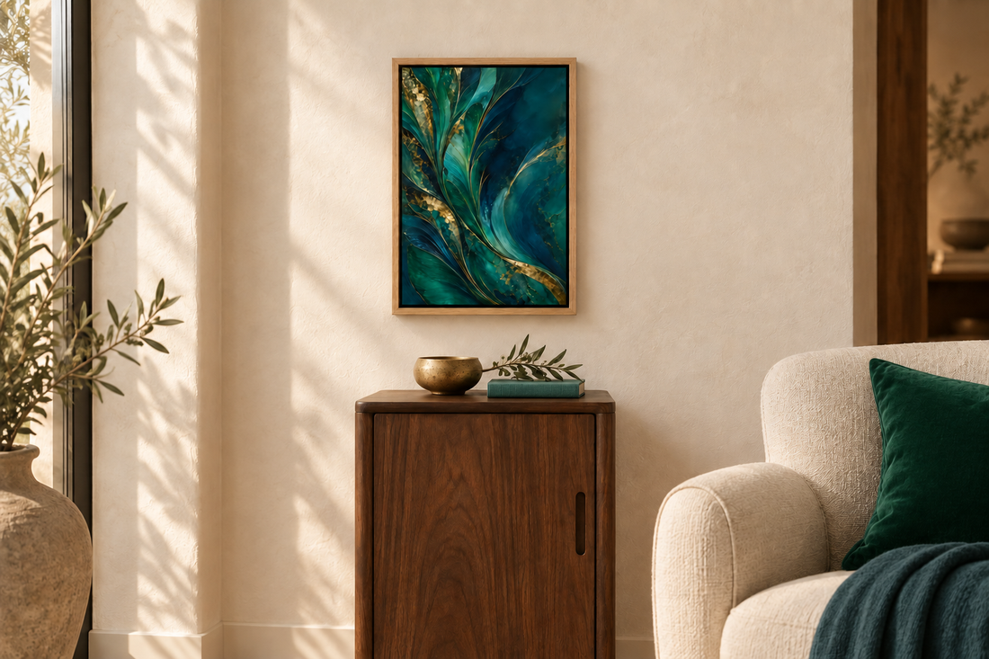 Plumage in a Natural float frame with emerald velvet, dark teal linen and brass accents. Room scale: 30.5 × 45.7 cm artwork (12 × 18 in). A styled room visualisation; furnishings not included.