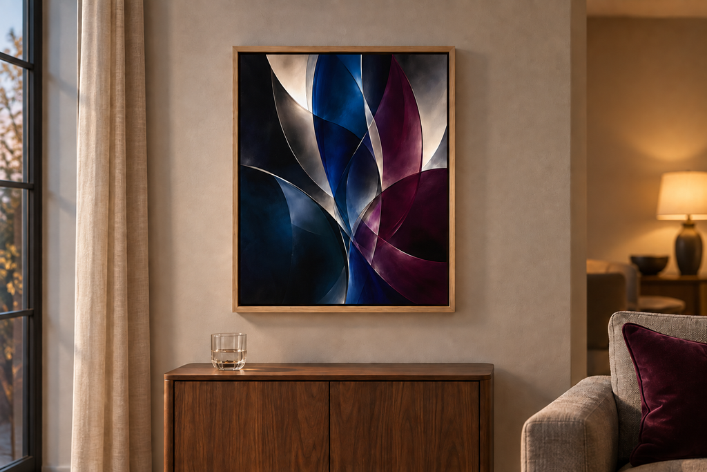 Nocturne in a Natural wood float frame above a walnut cabinet beside a grey sofa. Room scale: 40.6 × 50.8 cm artwork (16 × 20 in). A styled room visualisation; furnishings not included.