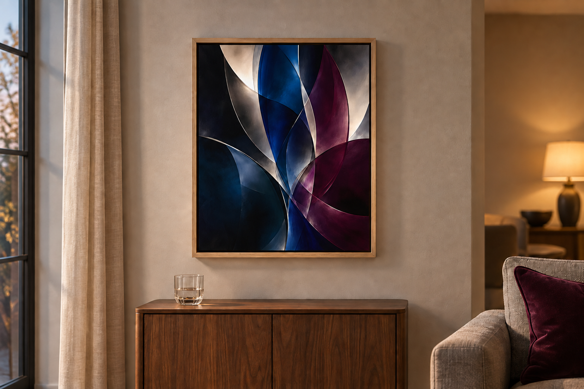 Nocturne in a Natural wood float frame above a walnut cabinet beside a grey sofa. Room scale: 40.6 × 50.8 cm artwork (16 × 20 in). A styled room visualisation; furnishings not included.