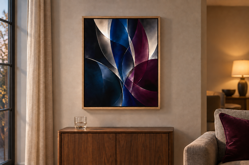 Nocturne in a Natural wood float frame above a walnut cabinet beside a grey sofa. Room scale: 40.6 × 50.8 cm artwork (16 × 20 in). A styled room visualisation; furnishings not included.