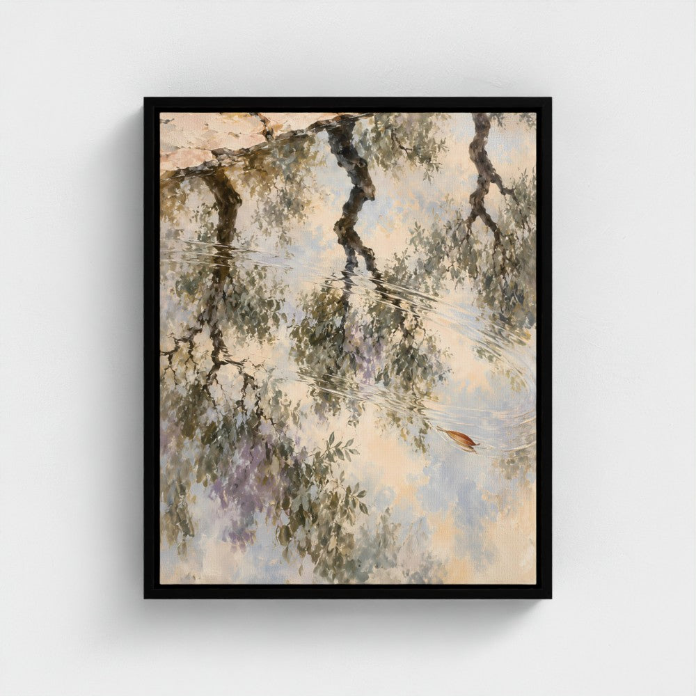Olive Orchard After Rain — Black float-framed canvas preview, portrait 16 × 20 in representative size.